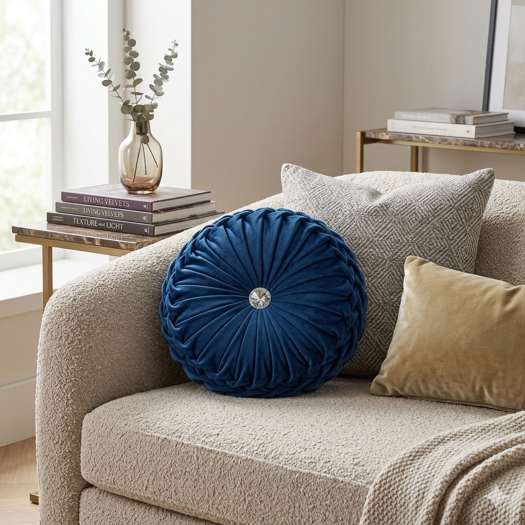 Velvet Navy Blue Round Cushion