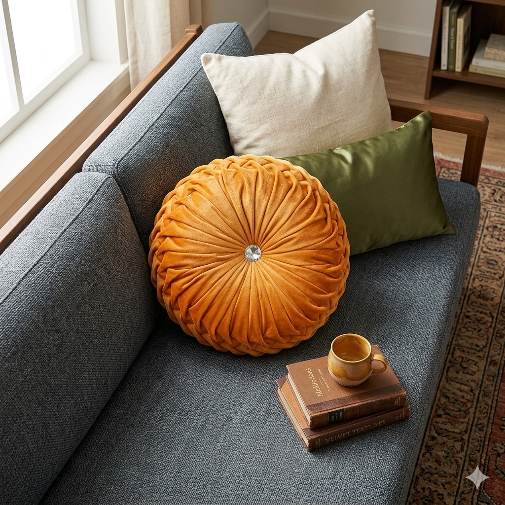 Velvet Rustic Orange Round Cushion