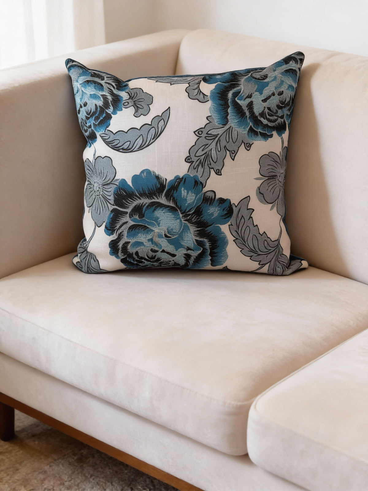 Blue Rose White Print Scatter Cushion Cover 45cm x 45cm