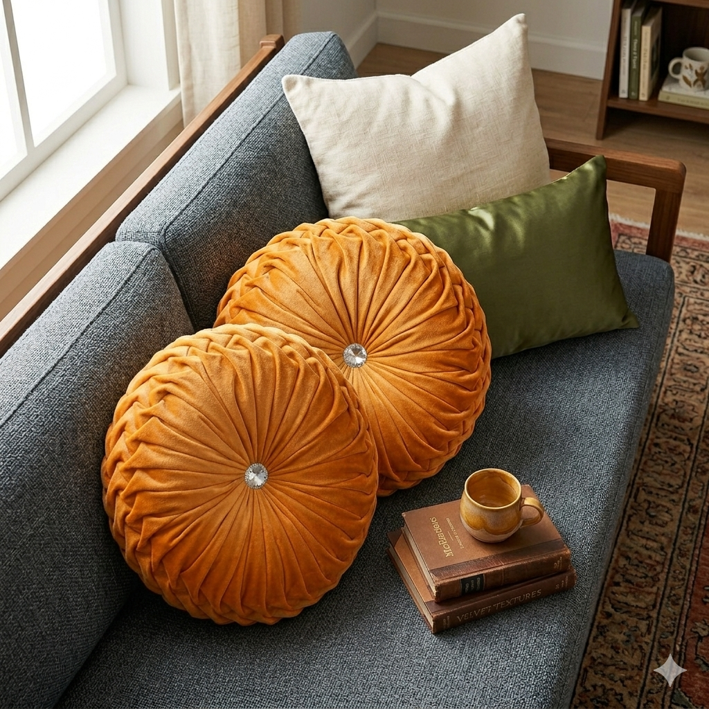 Velvet Rustic Orange Round Cushion